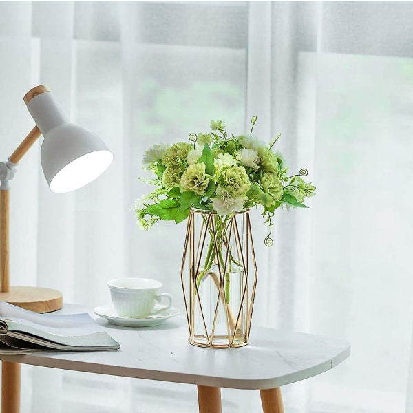 Blomvas, Guld Glasvas Med Geometrisk Metallstativ, Skandinavisk Heminredning Blomkruka, Kontors Mittpunkt, Bröllop