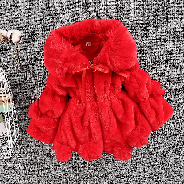 Børnejakke med imiteret pels, stor pelskrave, pelsbold, tyk quiltet pigejakke, vintertøj, 140 cm, rød red 140cm
