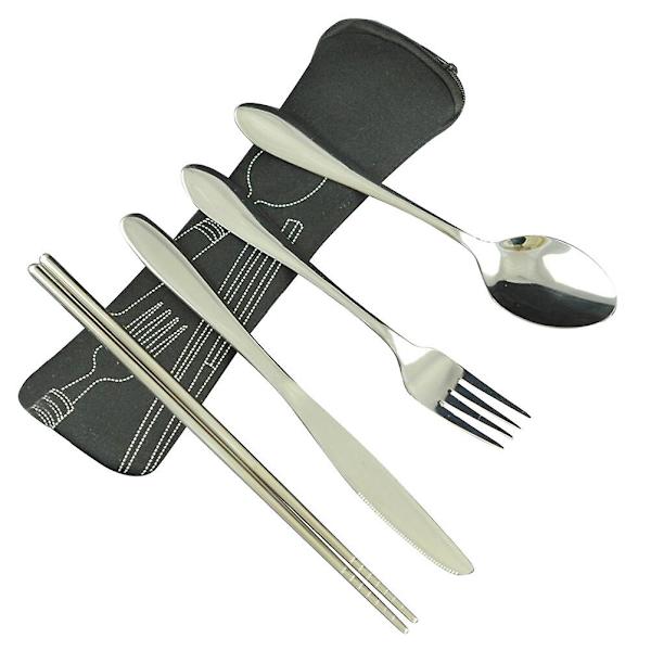 1 Set Rostfritt Stål Bestick Set Bärbar Lätt Resa Camping Bestick Set Med Spis Sticka Sked För Hem (Svart Fyra-delad Set)