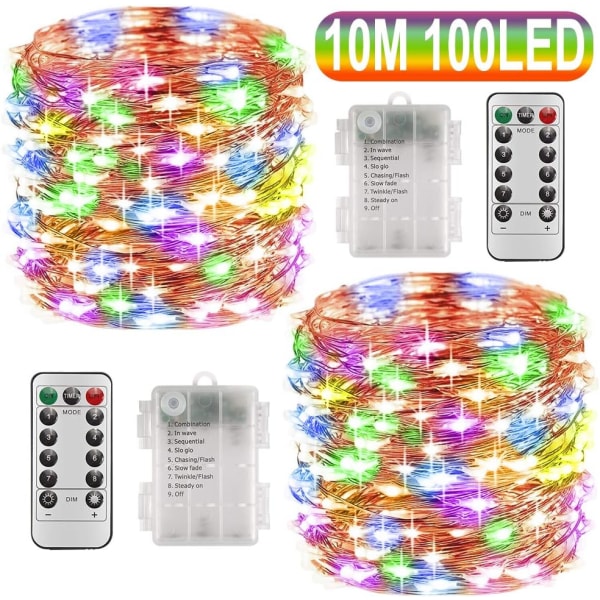 Julepynt romdekorasjon belysning kobbertråd lampe streng + vanntett batterikasse + fjernkontroll 10 meter 100 lys 2 stk farge