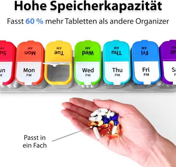 7-dagers pilleorganisator, ekstra store AM/PM-rom med 7 avtakbare daglige bokser, for medisiner, vitaminer, reise og eldre