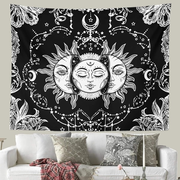 Sol og Måne Vægtæppe, Sort og Hvid Vægtæpper Mystisk Brændende Sol med Stjerne Væghængende Dekoration til Soveværelse (150 cm B x 130 cm L)