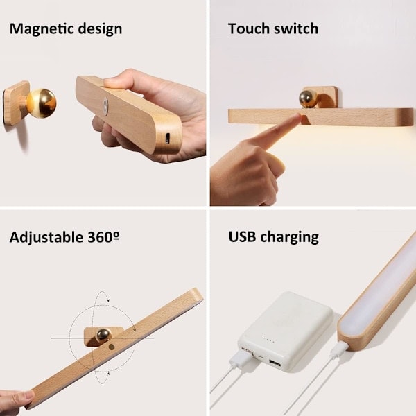 Væglampe Træ LED Dæmpbar Med Touch-kontakt Og Batteri Væglampe Natlampe 360° Roterbar Væglampe Til Soveværelse Køkken_RY