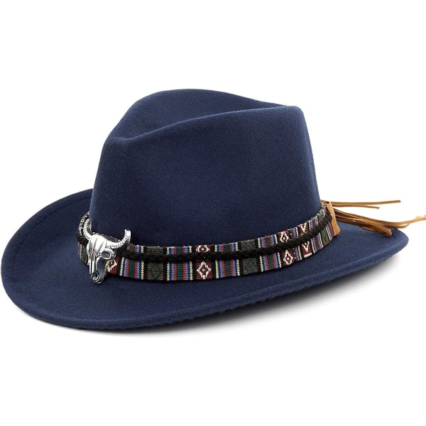 Unisex Crushable Cowboy Hat Western Cowgirl Outback Hat Cattleman Fedora Med Braided Band Og Tyrekranium Blå Blue