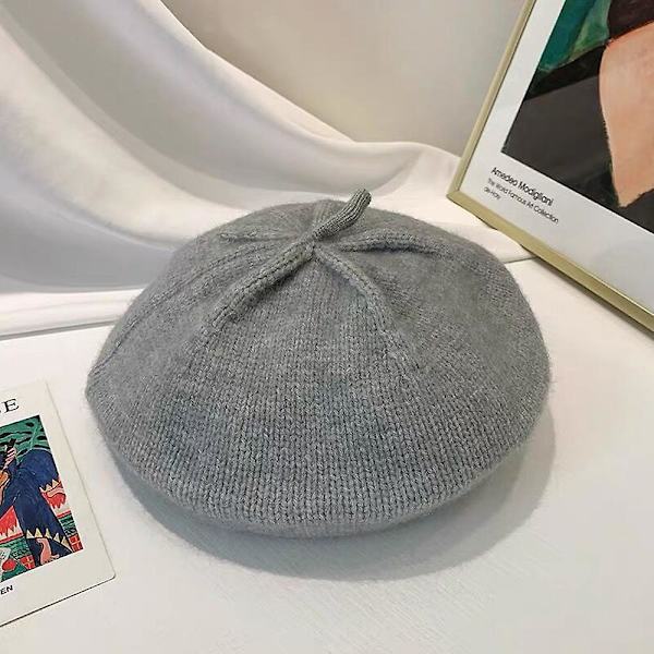 Beretti Naisille, Ranskalaistyylinen Pipo Talvi Muoti Lämmin Villavuori Neulotuppi Retro Pehmeä Puhdas Väri WildGrey Grey