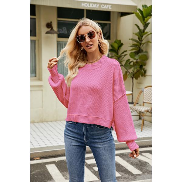 Naisten Pyöreäkauluksinen Lepakkohihainen Pitkähihainen Neulepaita Syksy Ylisuuri Rib-Neule Sivuhaara Pullover Top Rose red XL