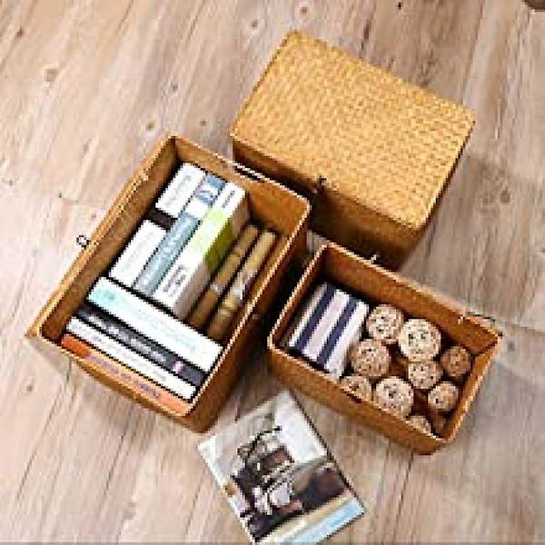 Rattan Korg Havgräs Förvaringskorg Med Lock Naturligt Material (liten 26cmx16cmx10cm H)
