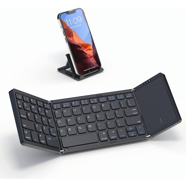 Sammenleggbart Bluetooth-tastatur, sammenleggbart bærbart trådløst tastatur med berøringsplate, reiselommetastatur smarttelefon, nettbrett og bærbar datamaskin