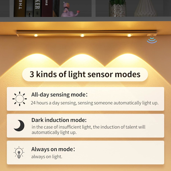 Under-skaplys LED Bevegelsessensor Innendørs, 3 Lysmoduser Trinnløs Dimming Hill Light, Lys for Skap Kjøkken Garderobe