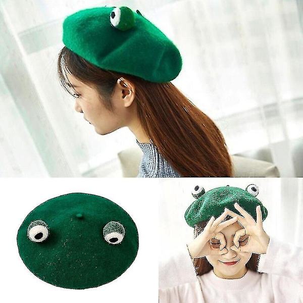 Grøn Frø Øjne Beret Hue Vinter Varm Faux Uld Kawaii Vintage Kunstner Maler Cosplay Beanie Hat