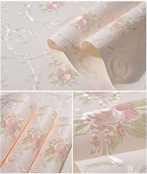 Retro 3D præget blomsterbrokade tapet, selvklæbende, lyserød blomstervægdekoration til soveværelse og stue, 53×300cm
