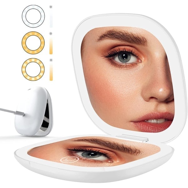 /Ryi/ Kompakt Spejl med 3X Forstørrelse Bærbart Lommespejl Dobbeltsidet LED-Lampe Makeup Spejl USB-C Genopladeligt Rejsespejl (Sort)