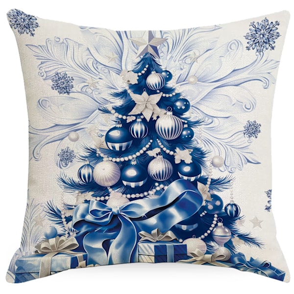 Blå Kuddfodral 18*18 Tum Linne Farmhouse Kuddfodral för Soffa Sovrum Juldekoration (4-pack)
