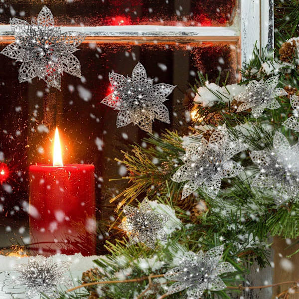 30 stk. Juleglitter-Juleblomst, 8/10/15 cm Juletræspynt Juleblomst Dekoration Pynt til Krans Garland (Sølv)