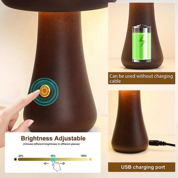 Makuuhuoneen sieni lamppu, kannettava himmennettävä sänkylamppu USB-latauksella, johdoton puinen yölamppu, sieni pöytä (Large, Walnut A)