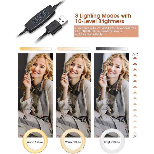 10" ringlys 1,34m Bluetooth-ringlys med stativ Stort 128 lysdioder 3 farger 10 intensiteter Ringlys med 360 justerbart stativ for nettbrett/telefon/ph