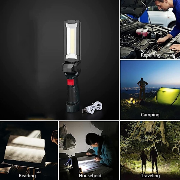 Oppladbar COB arbeidslampe med magnetisk base, bærbar mekaniker arbeidslommelykt, 360° svingbar LED arbeidslampe for bilreparasjon