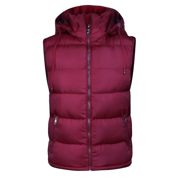 Mænds Vatteret Vest Slim Fit Ærmeløs Jakke Aftagelig Hætte Veste 2XL Vinrød Wine Red 2XL