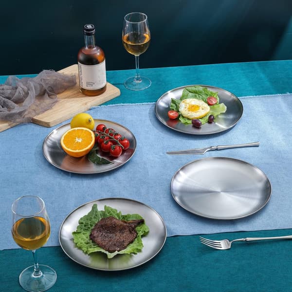 4-pack middagstallrikar i rostfritt stål, 14 cm 304 (18/8) metalltallrikar, återanvändbara stapelbara snackstallrikar för sallad, efterrätt, camping, silver