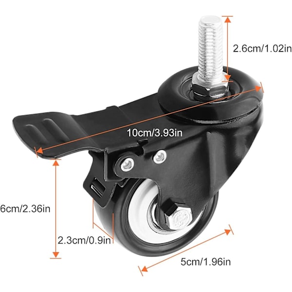 2 tum Svängbara Hjul med Broms, Tunga Gummivändhjul för Handvagn, Arbetsbord, Möbelhjul (m10 X 25 Gängad Stam Bult), 4-pack