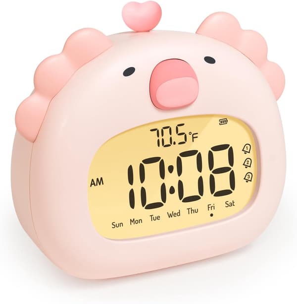 Børnevækkeur, salamanderformet digital søvntræner med LED-display, 3 alarmer, nedtællingstimer, USB-C genopladelig, pink