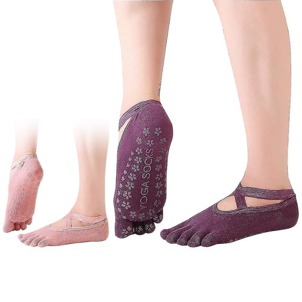 2 par Pilates-sokker Skridsikre yogasokker med greb og stropper Hele tæer til kvinder Bomuldsgriberstrømper