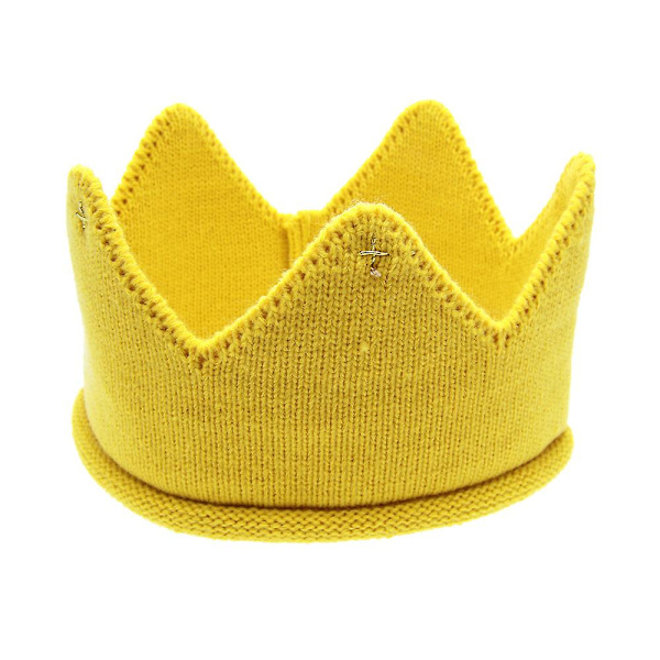 Strikket babyhårbånd med krone for jenter og gutter - Fotorekvisitter til barnebursdag - Gul Yellow