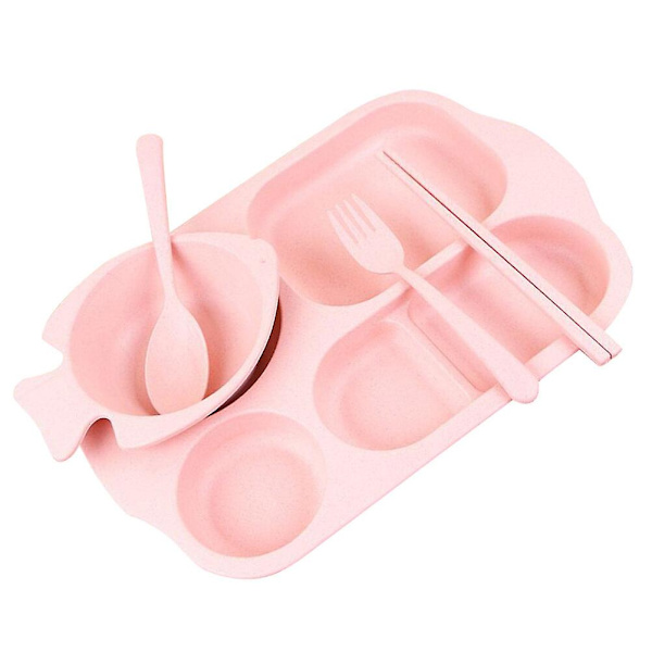 5 osaa/setti Vehnänolki Jaettu Ruokalauta Solid Color Tikut Haarukka Lusikka Kulho Astiasto Pöytäastiasto Lapsille Lapsille (vaaleanpunainen)Vaaleanpunainen Pink