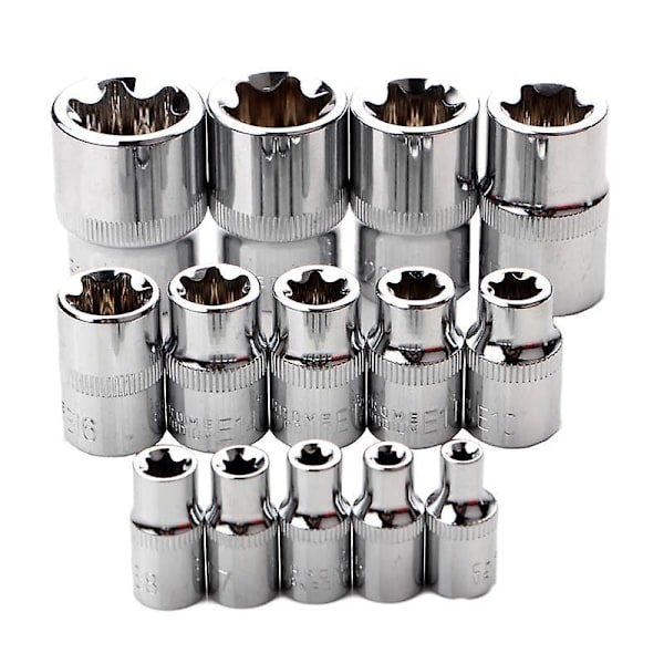 14-delars E-hylsnyckelsats, Torx-hylsnyckelsats, 6-kantig Torx-hylsa, Bilreparationssats, 1 set, Silver (röd låda)