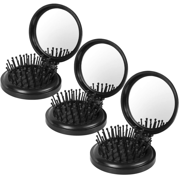 Vikbar resehårborste med spegel, minikam/våta borstar, kompakt handväska Pocket hårmassagekombination för kvinnor och flickor (3st, svart)
