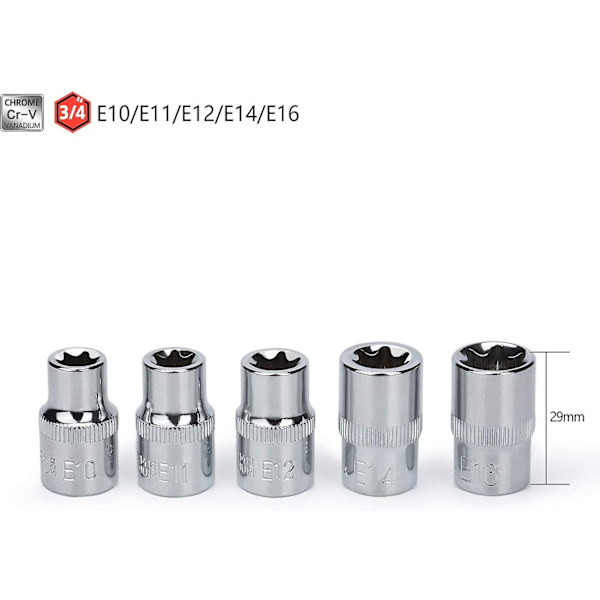 Sett med 14 kvinnelige Torx E4 - E24 stikkontakter på skinne 1/4\", 1/2\", 3/8\"