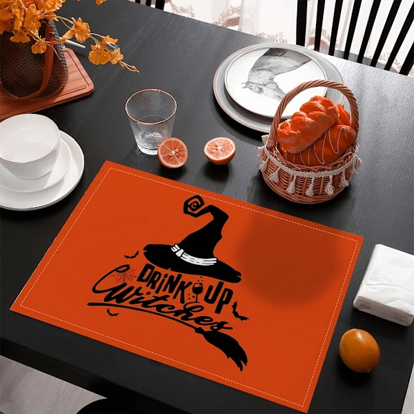 Orange Spooky Haunted House Witch Halloween Underlägg Set om 4, 12x18 Tum Säsongsbetonade Bordstabletter för Fest Kök Matplats Dekoration