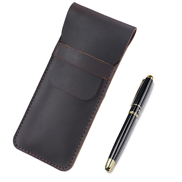 Ekte lær pennveskeholder for fountain pen, multipenner, beskyttende etui, retro klaffdeksel, flere pennsett, brun Brown