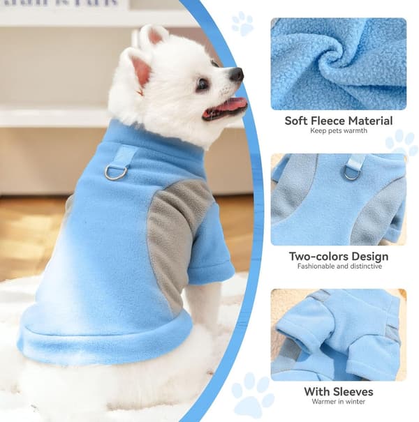 Hundejakke, varm blød fleece-pullover med D-ring på ryggen, maskinvaskbar vinterjakke til små hunde, blå, XXL