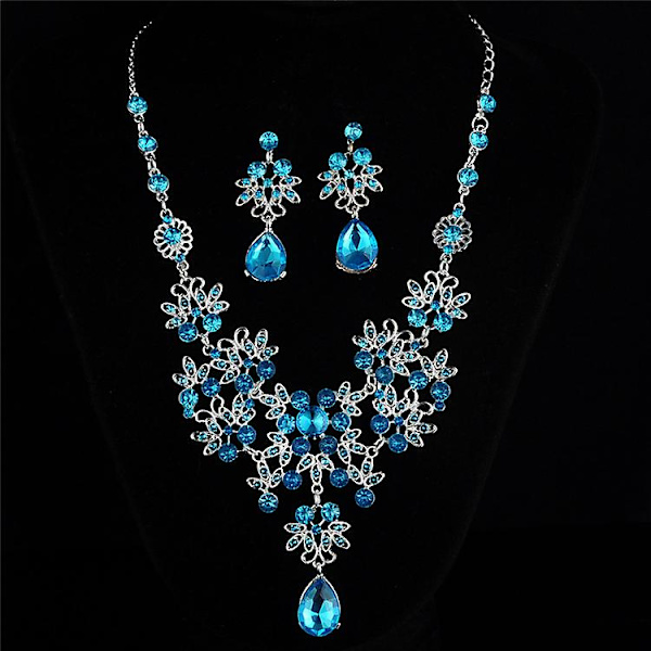 Bröllop Smyckesset Kristall Blomma Hänge Halsband + Örhängen Gåva För Kvinnor, 1 Set, Blå