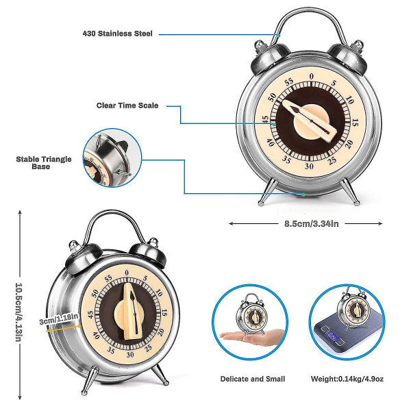 Køkkenur Uden Batteri Mekanisk Timer 60-minutters Visuelt Analogt Timerur Design Rustfrit Stål Nedtællingsur