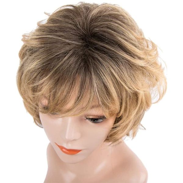 Kort brun lockig hår peruker för kvinnor fluffig lockig med lugg naturlig peruk kort lager värmebeständig full peruker (blond)