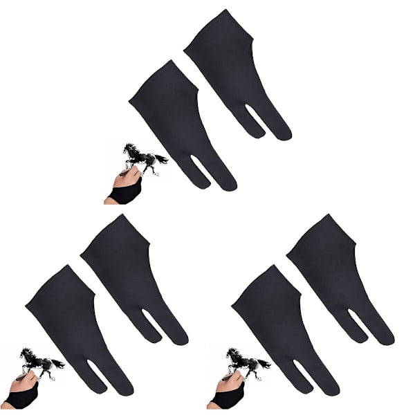 6 kpl Kaksi Sormea Piirustus Hanskat Taiteilijan Hanskat Piirtämiseen Maalaamiseen Valokopiokoneeseen, Grafiikkatabletti, Kynä Näyttö Ja Pro Kynä Koko S(musta)6 kplS 6 pcs S