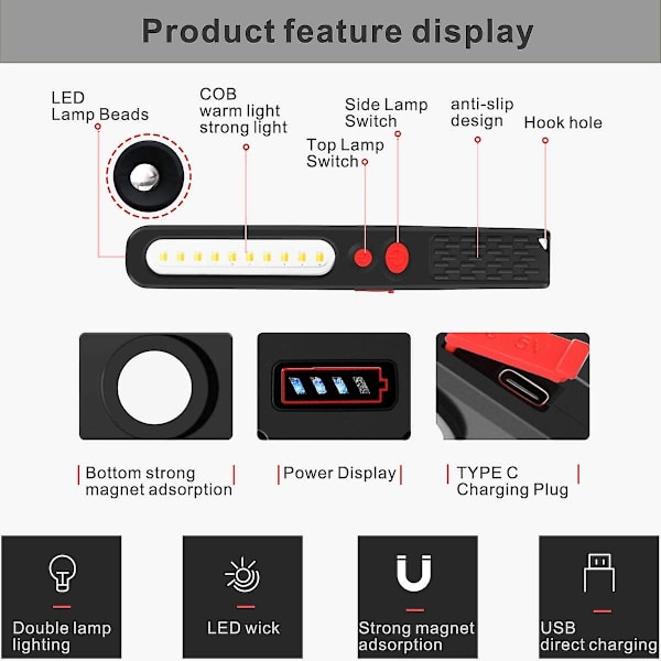 Genopladelig LED Arbejdslys, Dobbelt Farve Combo Lys 2 i 1 Inspektionslys og 3W COB LED Lommelygte med Dobbelt Magnet til Bil Garage Værksted Lejr
