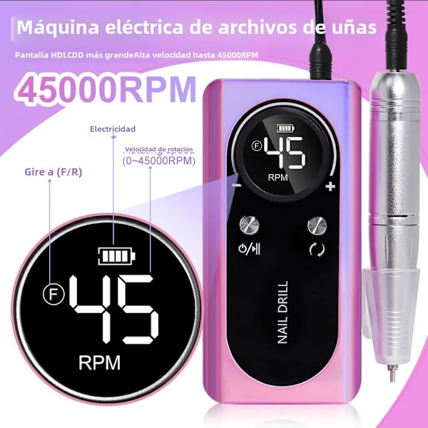 RYI Uppladdningsbar Nagelmaskin 45000RPM Med LCD Lågt Ljud Professionell Nagelpolerare Med Tillbehör Elektrisk Manikyrset Lila