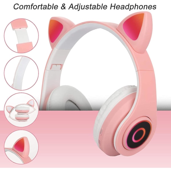 Bluetooth Over-Ear Hodetelefoner Rosa Jente Katteøre Hodetelefoner Led Lys Sammenleggbar Stereo Trådløse Hodetelefoner Hodesett For Barn Teleskopisk Støydemping