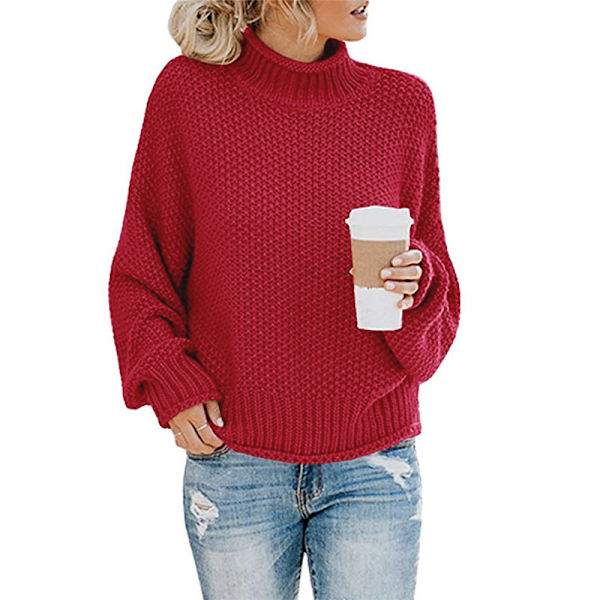 Dame Turtleneck Oversized Trøjer Batwing Langærmet Trøje Løstsiddende Chunky Knit Jumper Wine red M