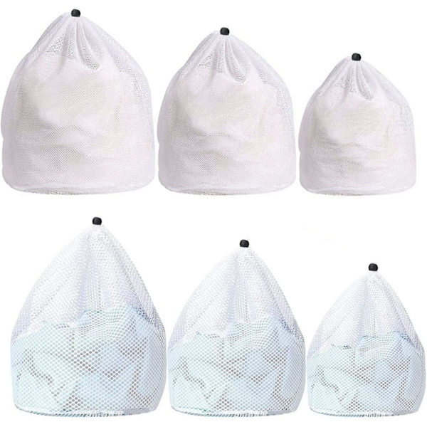 Tvättsäckar, Tvättsäck för tvättmaskin, Tvättenät, Nätpåse för tvätt, Tvättenät med snöre för blus, skor, bh, 6-pack (2XL+2L+2M) Återanvändbar