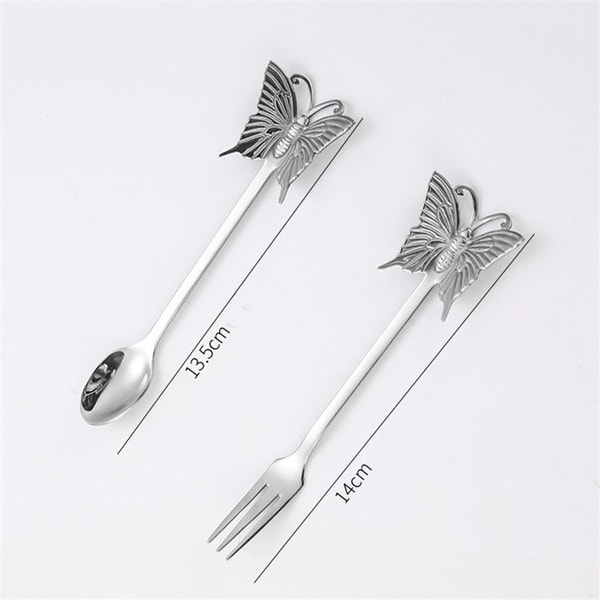 2 stk Butterfly-skjeer, blank polert rustfritt stål, kaffeskje, gaffel, bestikk, robust sølv