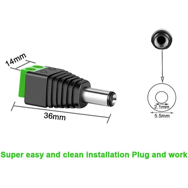 50 stycken 12V/24V DC hane-kontakter, 5,5 x 2,1 mm DC-strömadapter skruvterminal, för CCTV-kamera LED-remsa (grön)