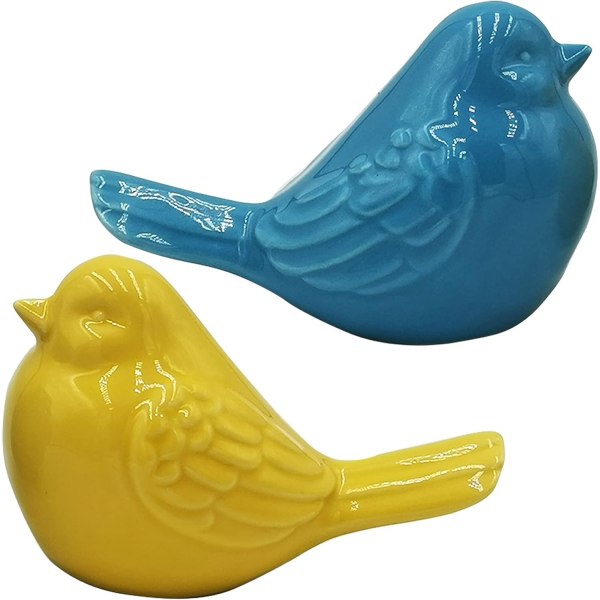 Gul/blå dekorativ fuglefigur, glasert keramisk fuglefigur Hytte Dyrefuglstatue-dekorasjoner til hjemmet Innendørs Utendørs Hagedekor 2 stk-sett
