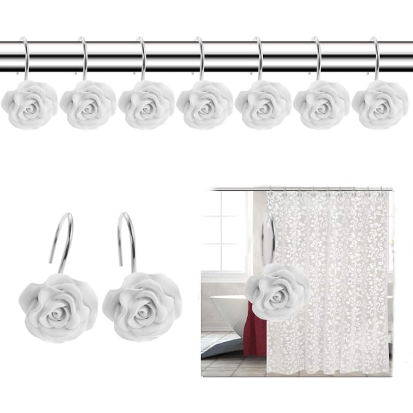 12 stk. Hjemmemode Dekorative Rustfrie Bruseforhængskroge Rose Design Bruseforhængsringe Kroge (rød)Hvid White