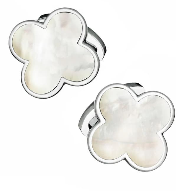 Manschettknappar med fyrklöver i pärlemor för män, polerad silverfärgad design, klassisk accessoar för bröllop och affärstillfällen