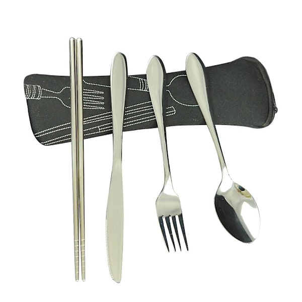 1 Set Rostfritt Stål Bestick Set Bärbar Lätt Resa Camping Bestick Set Med Spis Sticka Sked För Hem (Svart Fyra-delad Set)