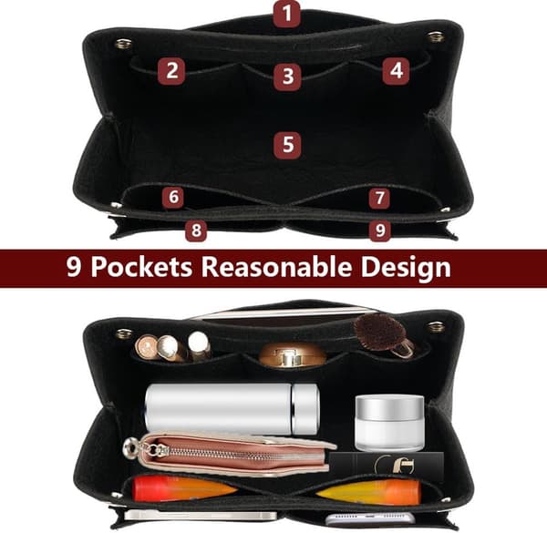 Filt Tote Taske Organizer Indsats Med Flere Lommer Og Trykknapper Til Rejser Og Daglige Håndtasker, Grå, Stor 30 x 20 x 10.5 cm
